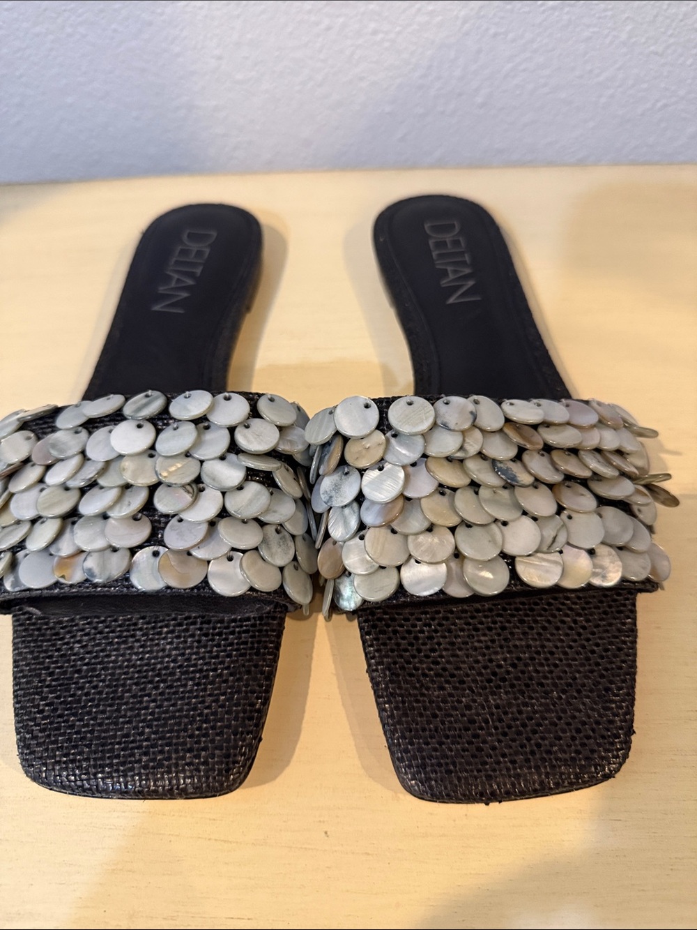 Delman Women's Black Slide Sandals with Iridescent Disc Strap